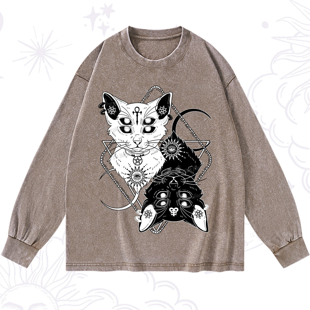 Purplehecate Occult Mirror Cats Washed Long Sleeve Shirt
