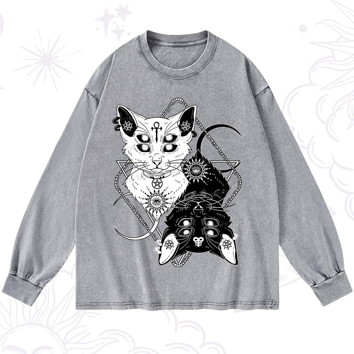 Purplehecate Occult Mirror Cats Washed Long Sleeve Shirt