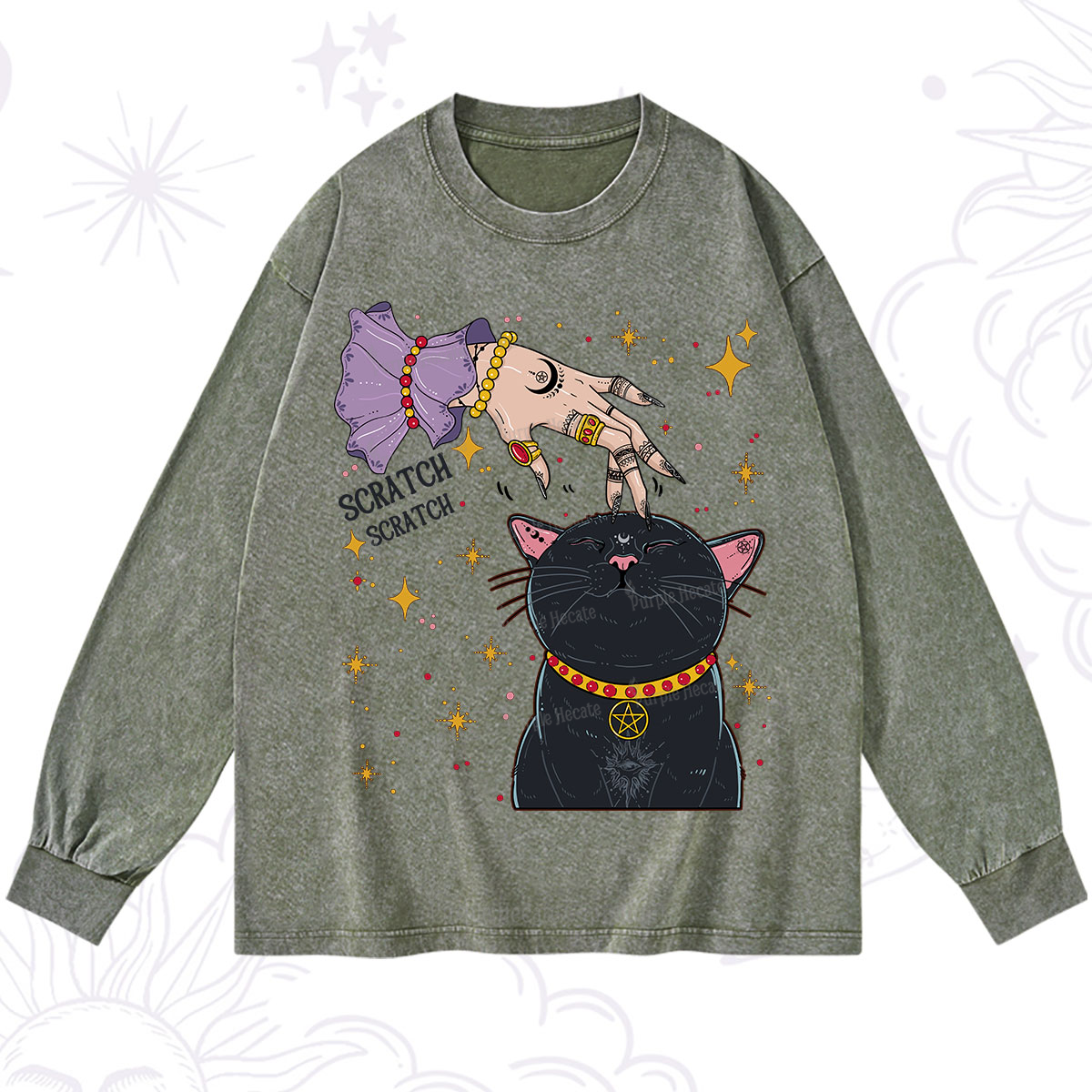 Purplehecate Witch's Cat Scratch Washed Long Sleeve Shirt