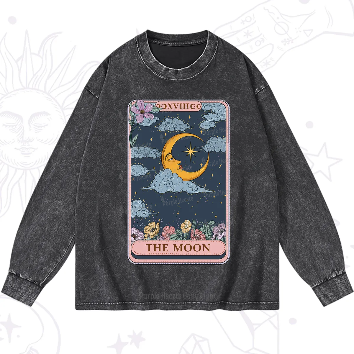 Purplehecate The Moon Tarot Card Washed Long Sleeve Shirt