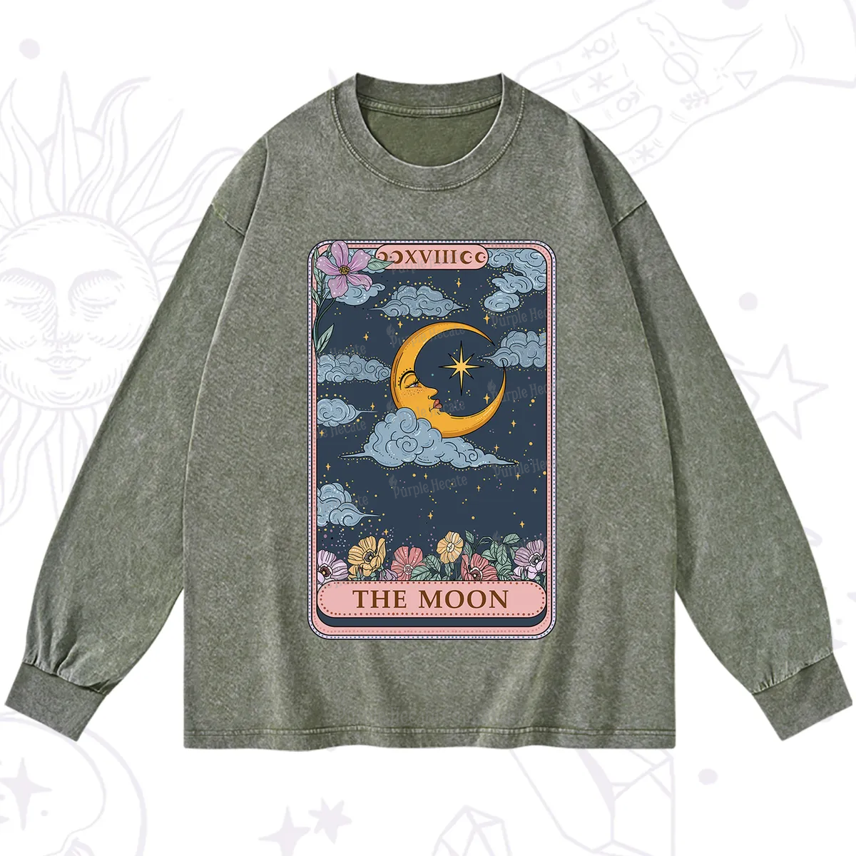 Purplehecate The Moon Tarot Card Washed Long Sleeve Shirt