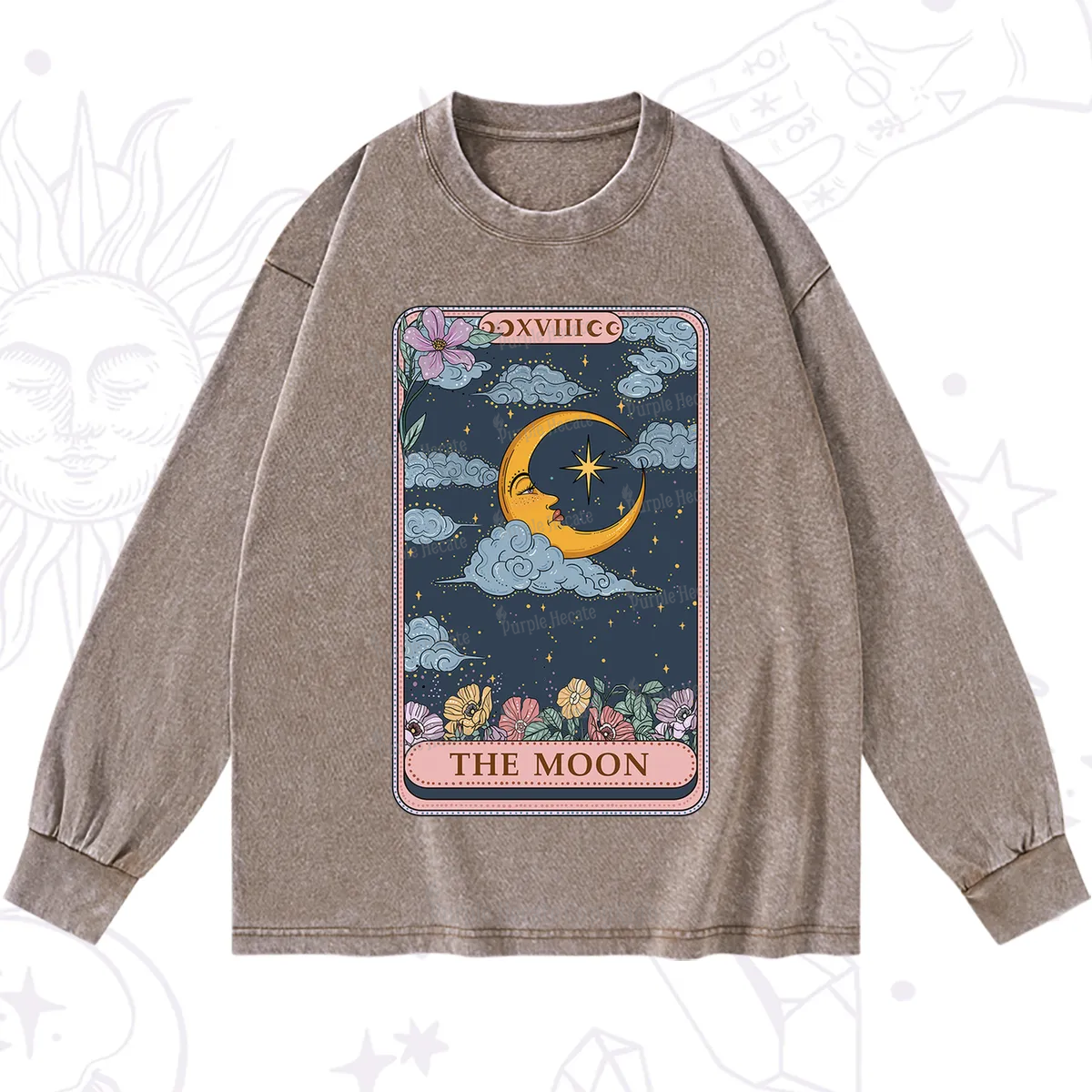 Purplehecate The Moon Tarot Card Washed Long Sleeve Shirt