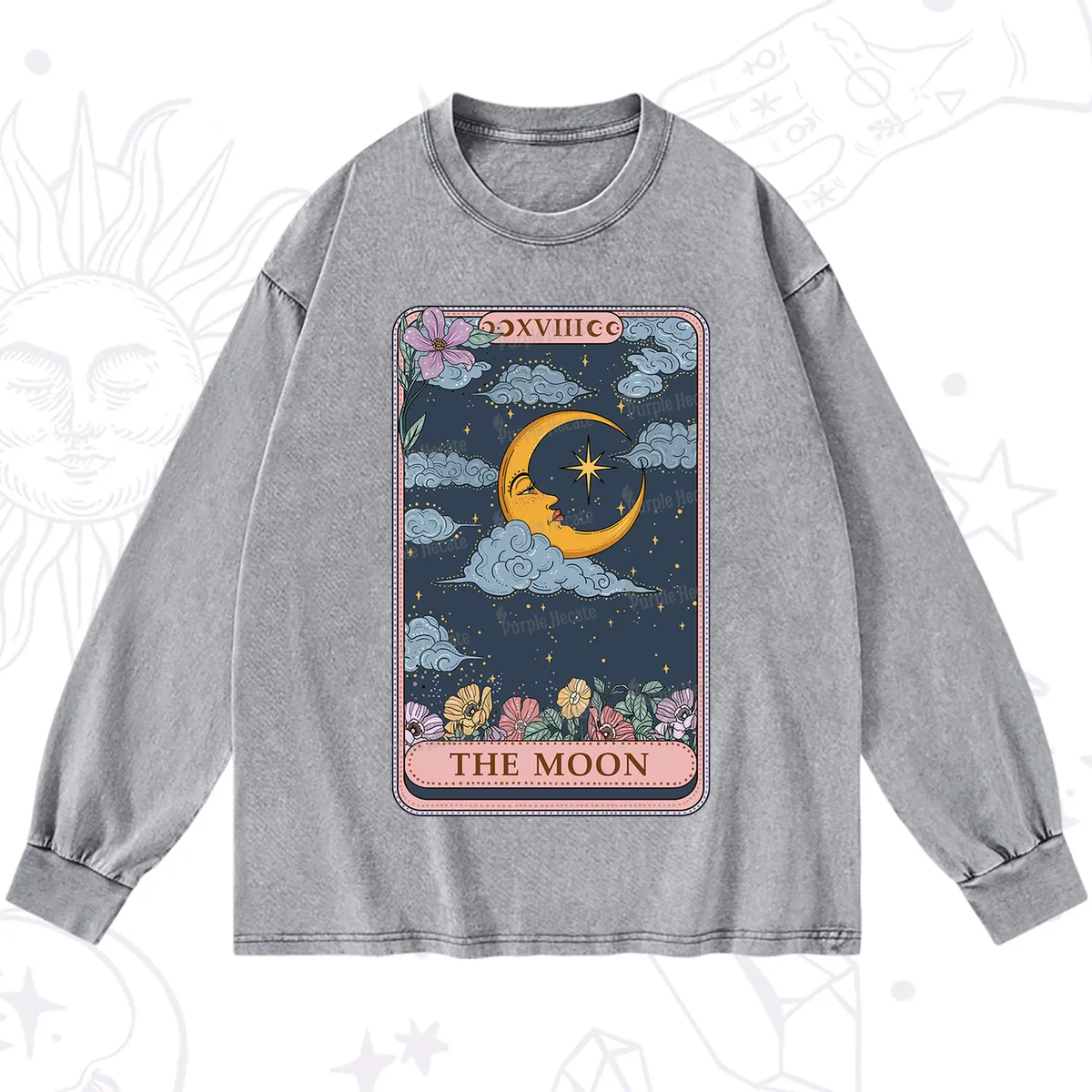 Purplehecate The Moon Tarot Card Washed Long Sleeve Shirt