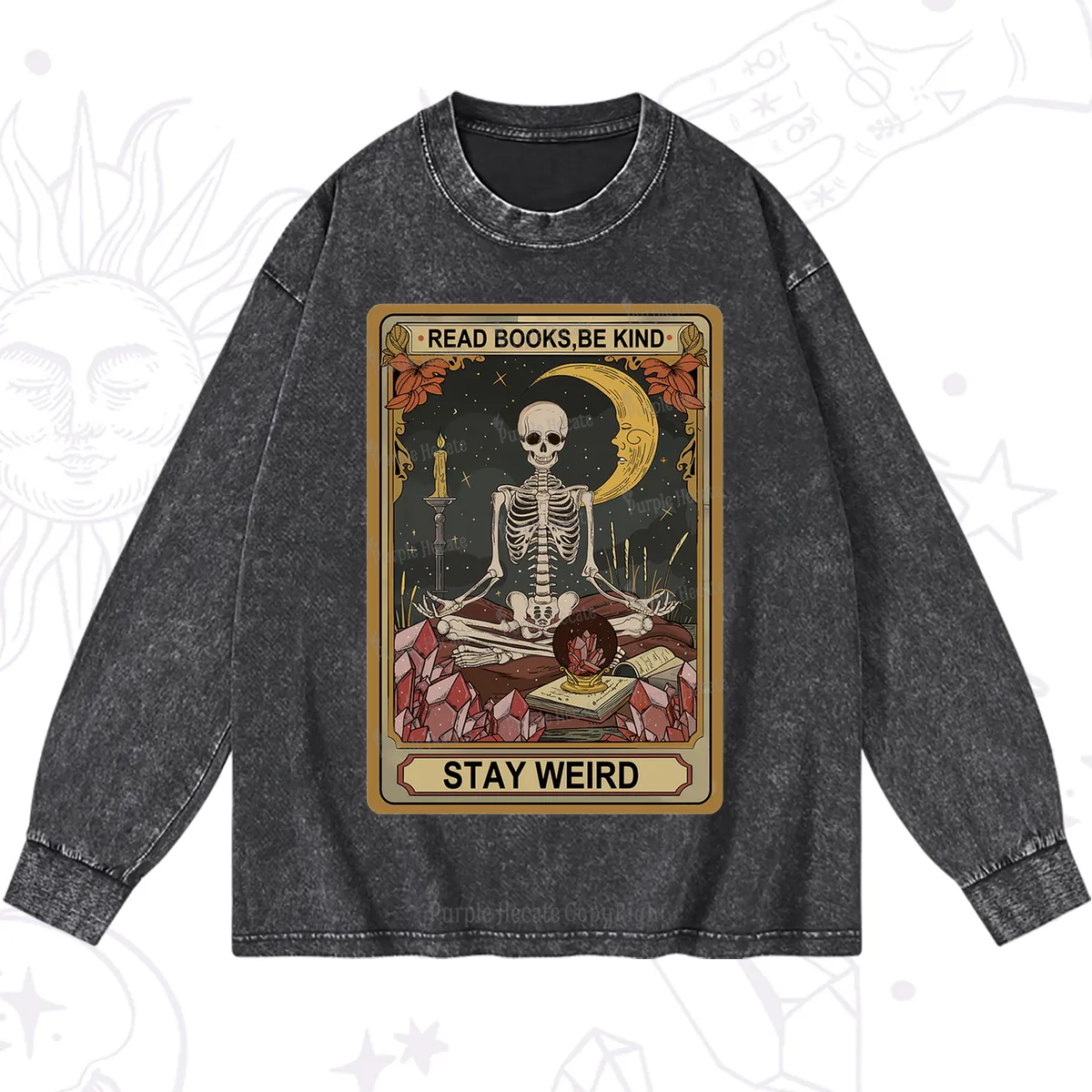 Purplehecate The Read Books Be Kind Stay Weird Oracle Card Washed Long Sleeve Shirt