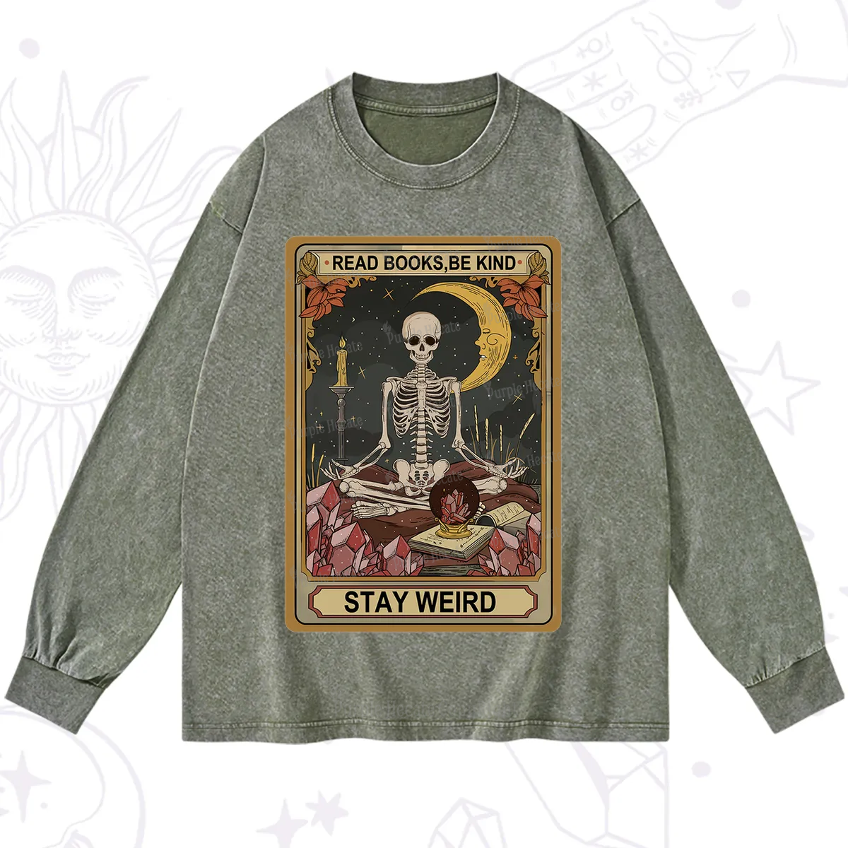 Purplehecate The Read Books Be Kind Stay Weird Oracle Card Washed Long Sleeve Shirt