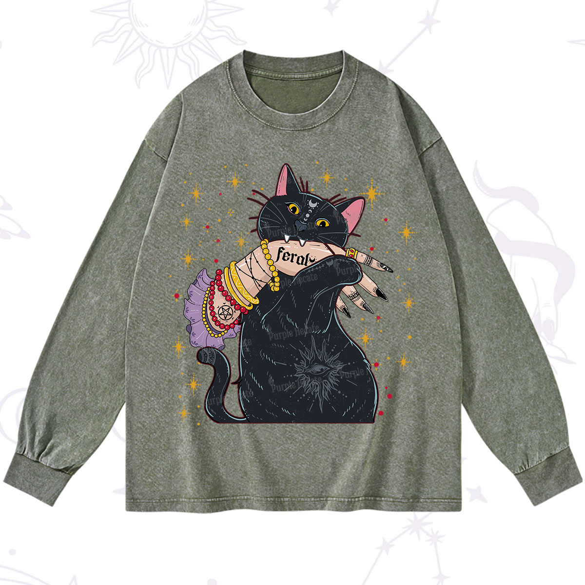 Purplehecate Feral Cat Washed Long Sleeve Shirt