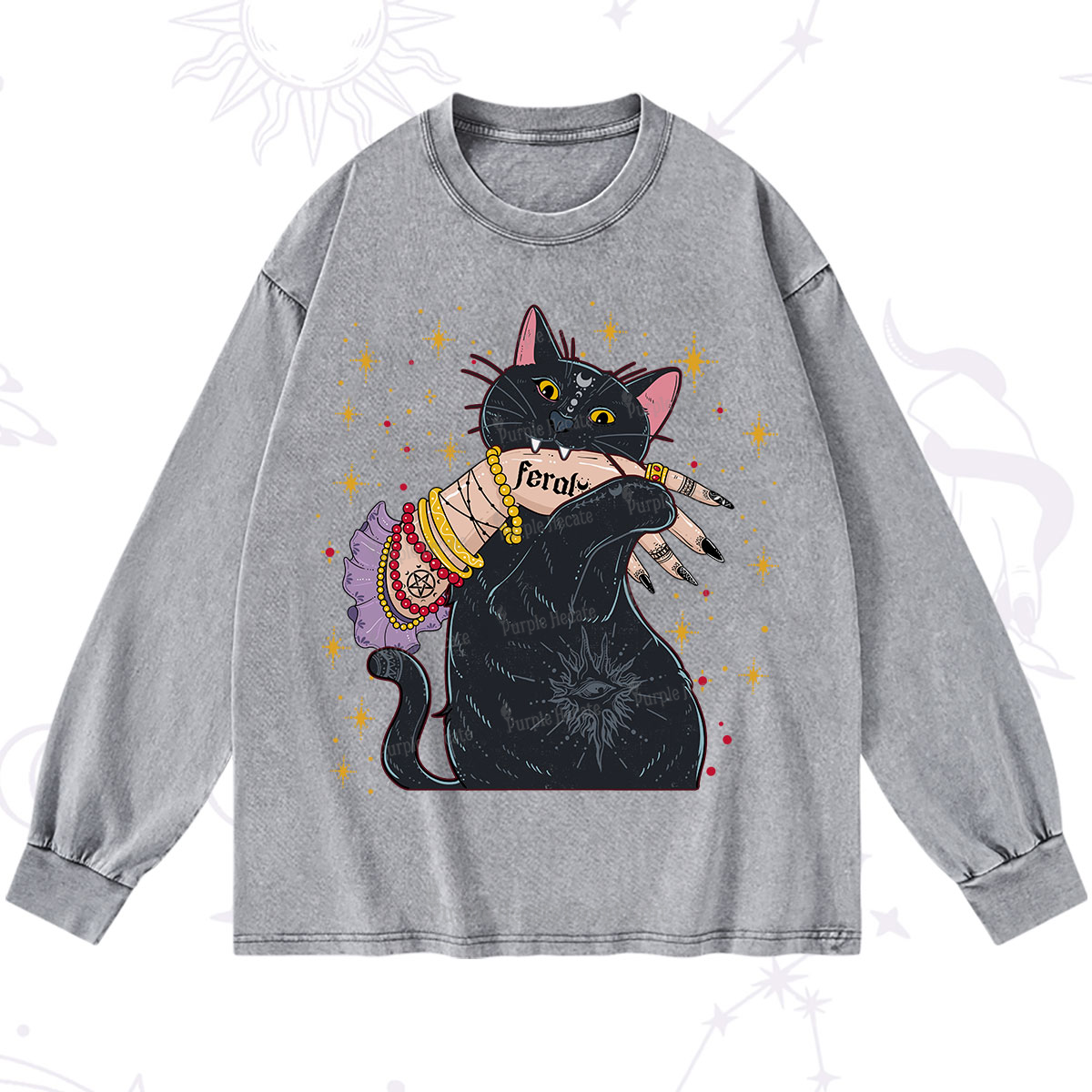 Purplehecate Feral Cat Washed Long Sleeve Shirt
