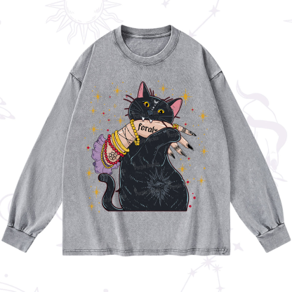 Purplehecate Feral Cat Washed Long Sleeve Shirt