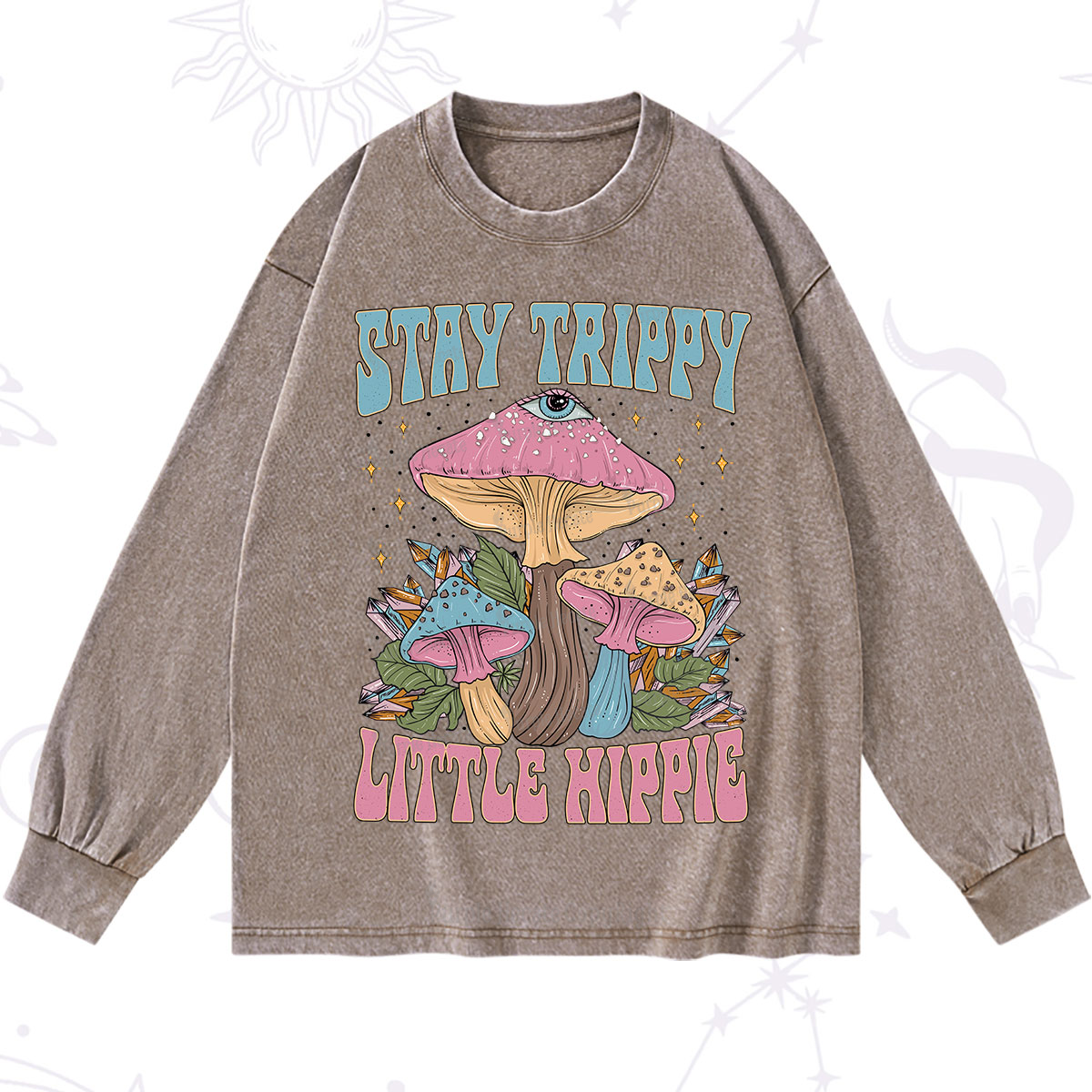 Purplehecate Stay Trippy Little Hippie Mushroom Washed Long Sleeve Shirt
