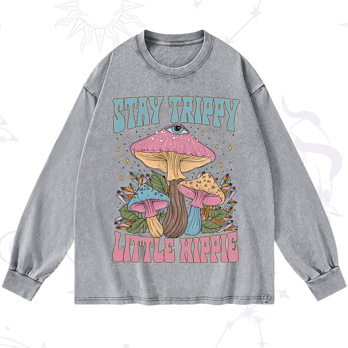 Purplehecate Stay Trippy Little Hippie Mushroom Washed Long Sleeve Shirt
