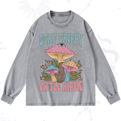Purplehecate Stay Trippy Little Hippie Mushroom Washed Long Sleeve Shirt