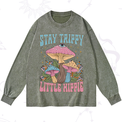 Purplehecate Stay Trippy Little Hippie Mushroom Washed Long Sleeve Shirt