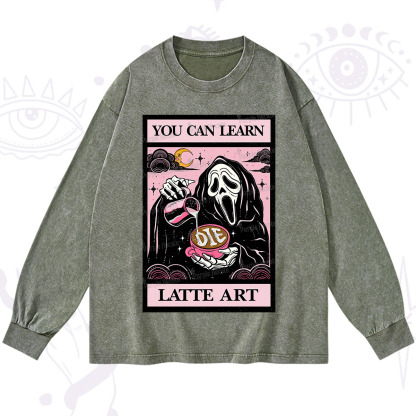 Purplehecate The You Can Learn Latte Art Oracle Card Washed Long Sleeve Shirt
