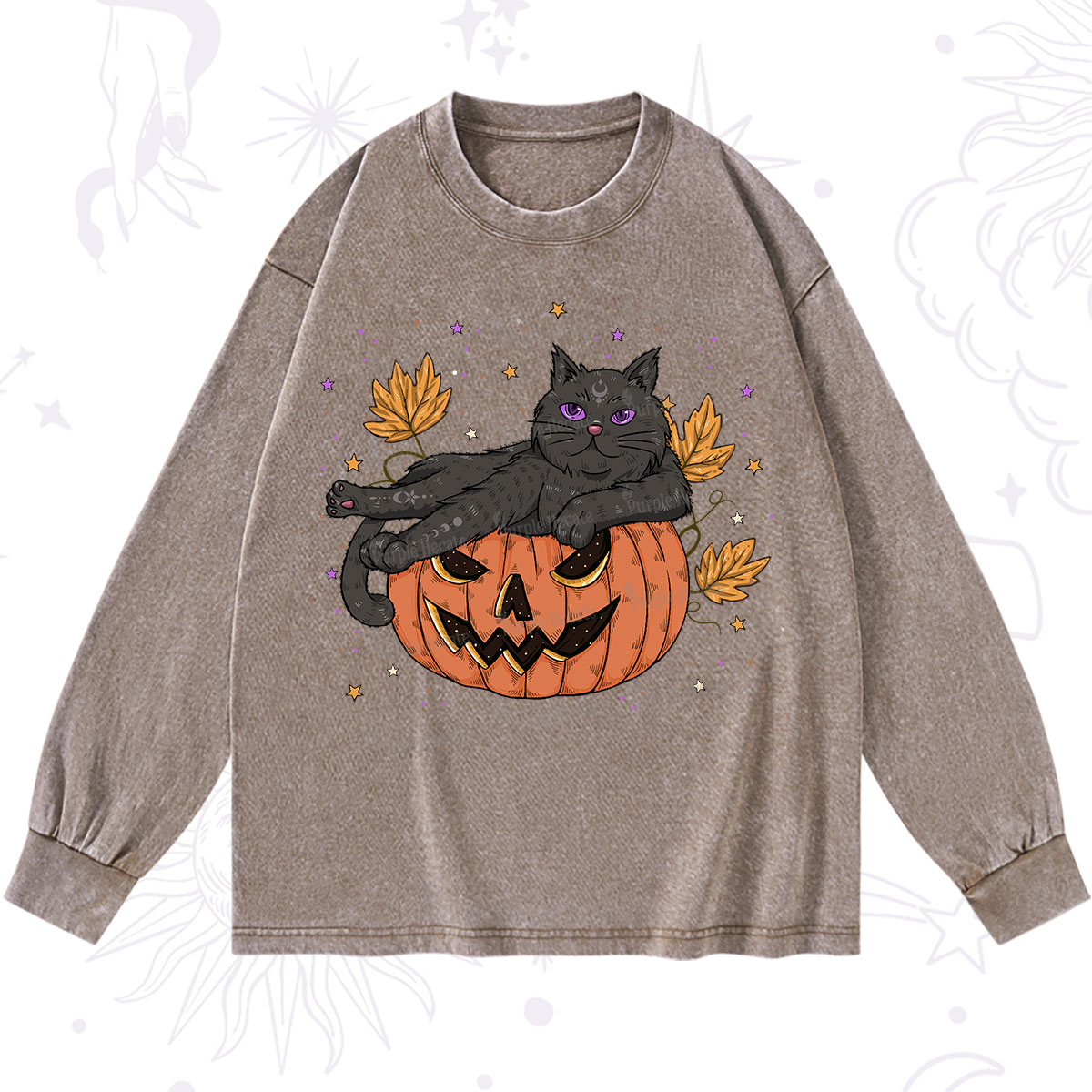 Purplehecate Pumpkin Throne of the Witch Cat Washed Long Sleeve Shirt