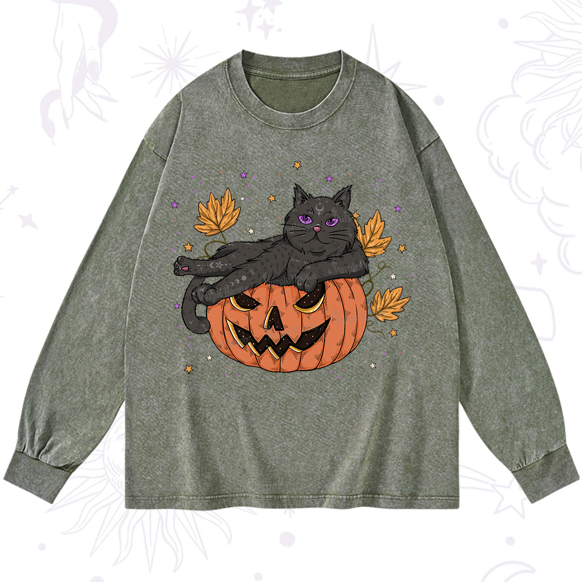 Purplehecate Pumpkin Throne of the Witch Cat Washed Long Sleeve Shirt