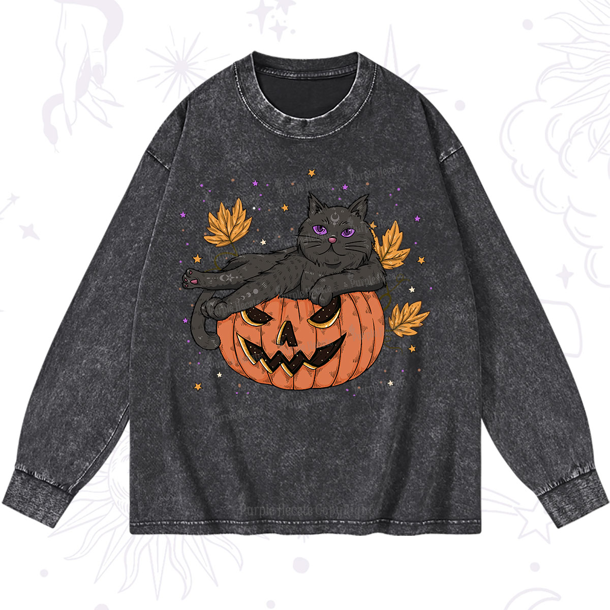 Purplehecate Pumpkin Throne of the Witch Cat Washed Long Sleeve Shirt