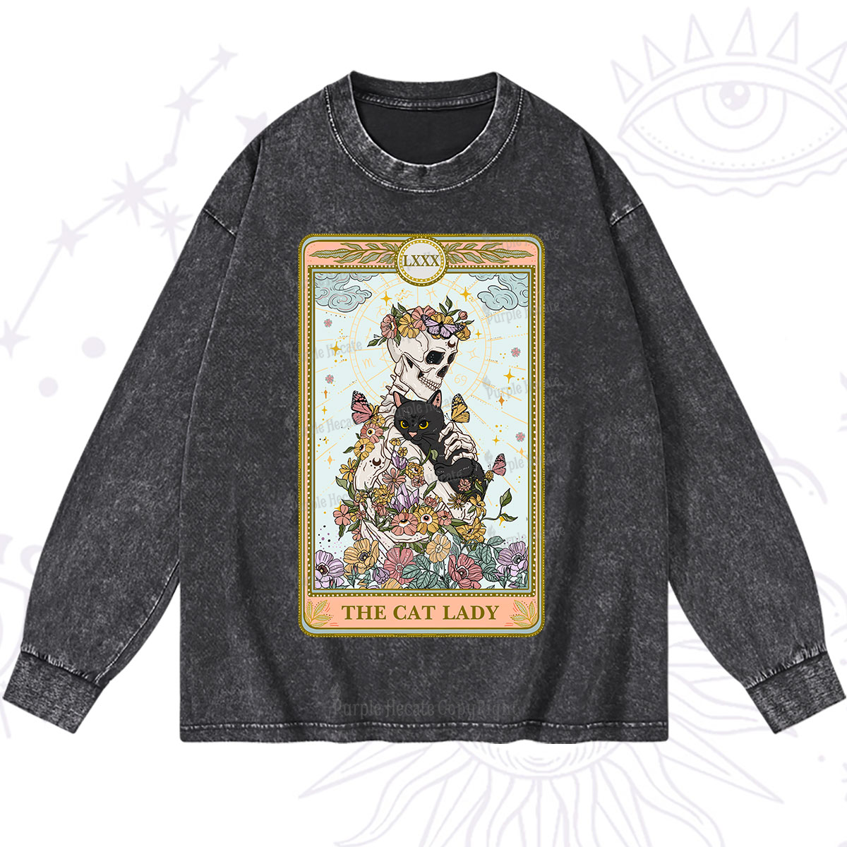 Purplehecate The Cat Lady Skeleton Tarot Washed Long Sleeve Shirt