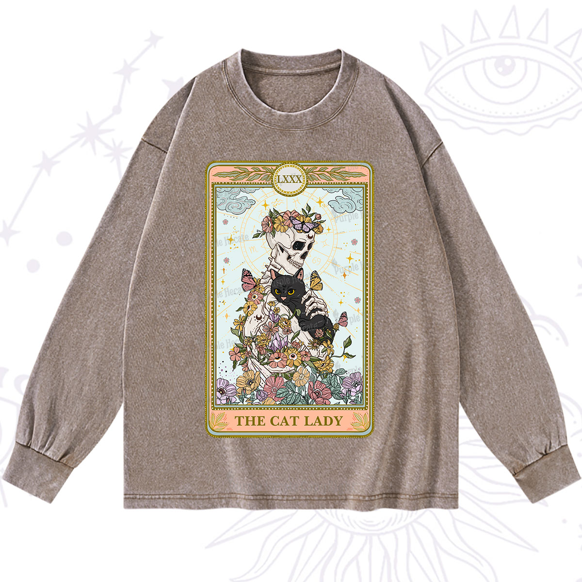 Purplehecate The Cat Lady Skeleton Tarot Washed Long Sleeve Shirt