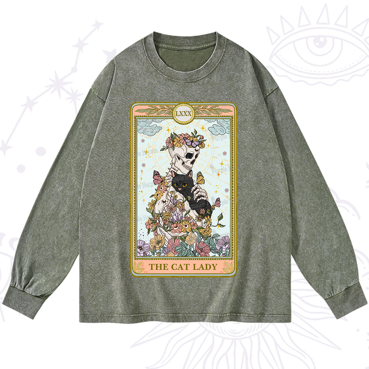 Purplehecate The Cat Lady Skeleton Tarot Washed Long Sleeve Shirt