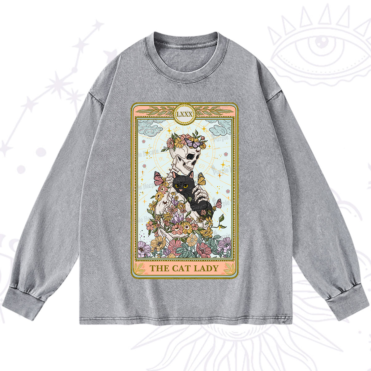 Purplehecate The Cat Lady Skeleton Tarot Washed Long Sleeve Shirt