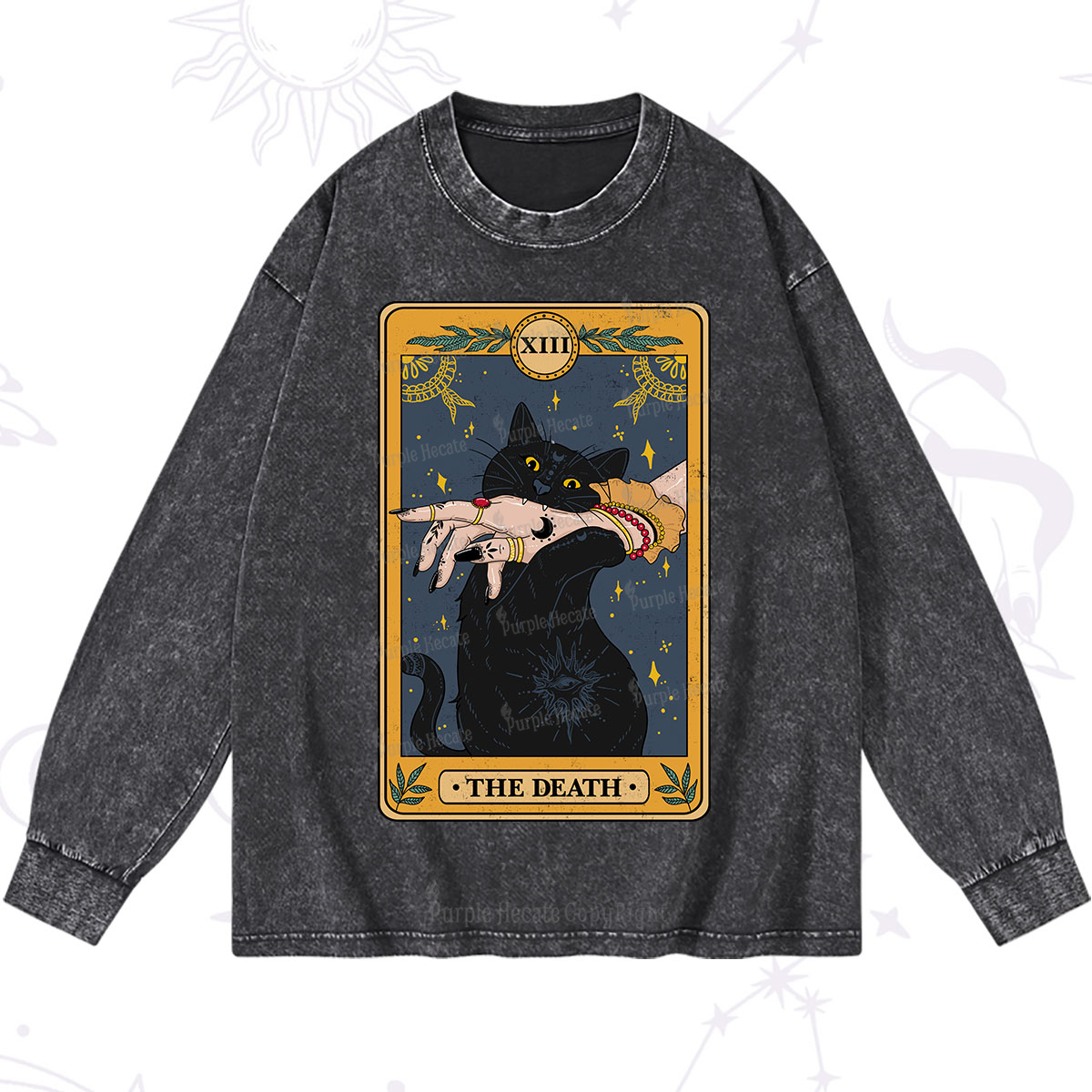 Purplehecate The Death Card Tarot Cat Washed Long Sleeve Shirt