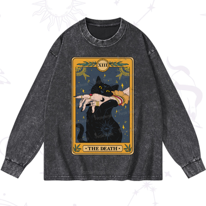 Purplehecate The Death Card Tarot Cat Washed Long Sleeve Shirt