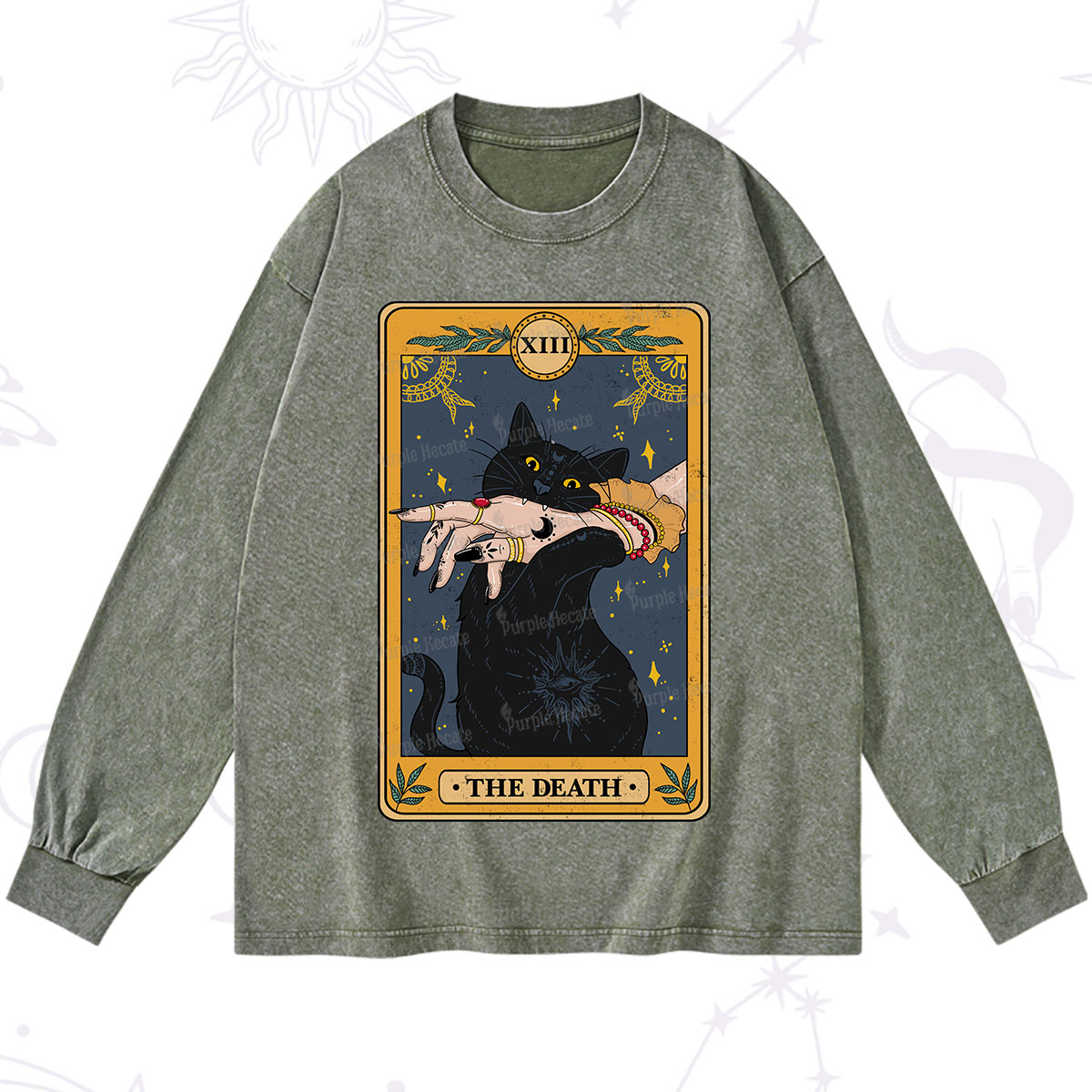 Purplehecate The Death Card Tarot Cat Washed Long Sleeve Shirt