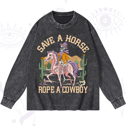 Purplehecate Save A Horse Rope A Cowboy Washed Long Sleeve Shirt