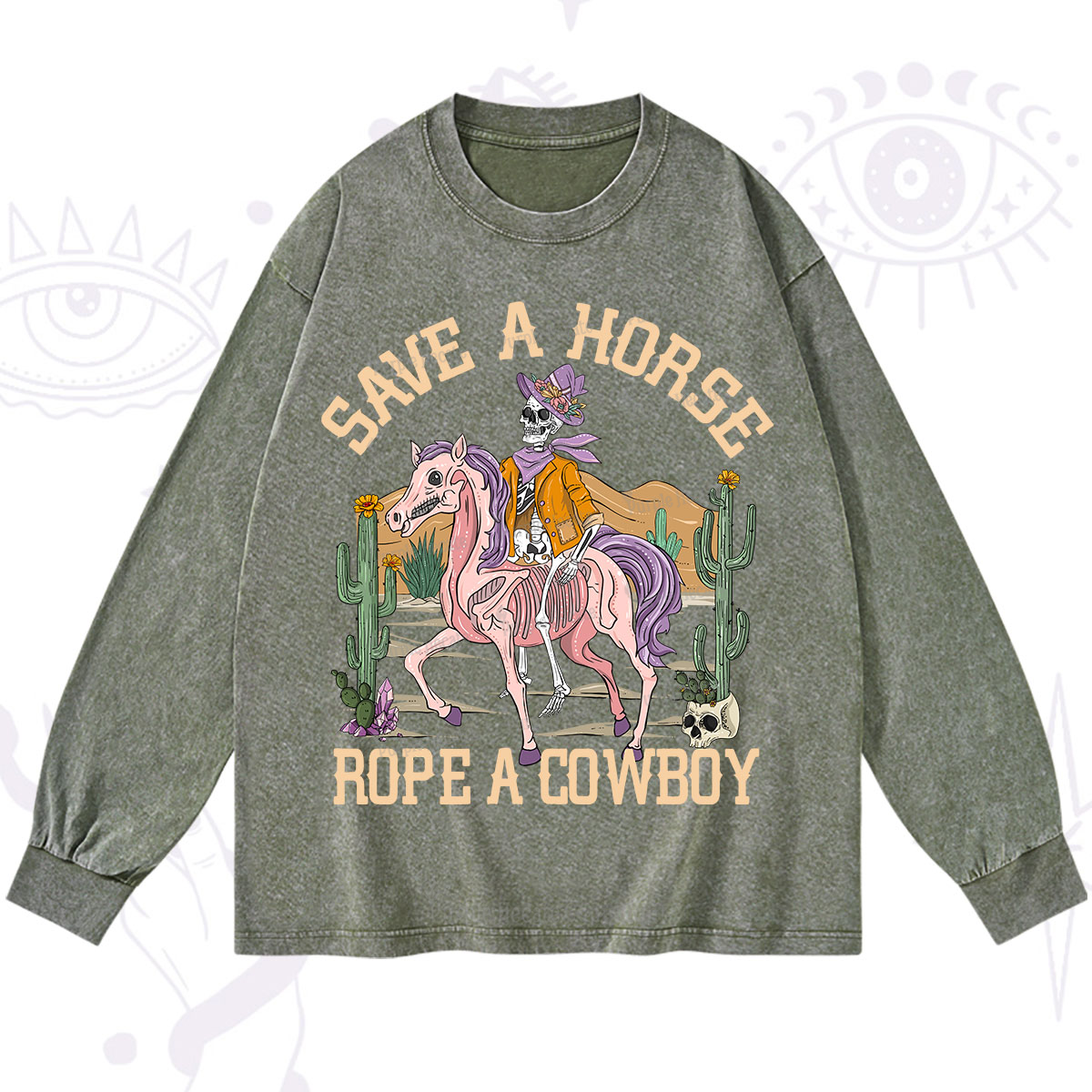 Purplehecate Save A Horse Rope A Cowboy Washed Long Sleeve Shirt