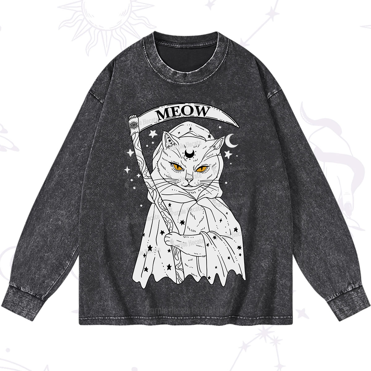 Purplehecate Grim Meow Reaper Washed Long Sleeve Shirt