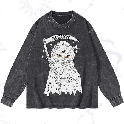 Purplehecate Grim Meow Reaper Washed Long Sleeve Shirt