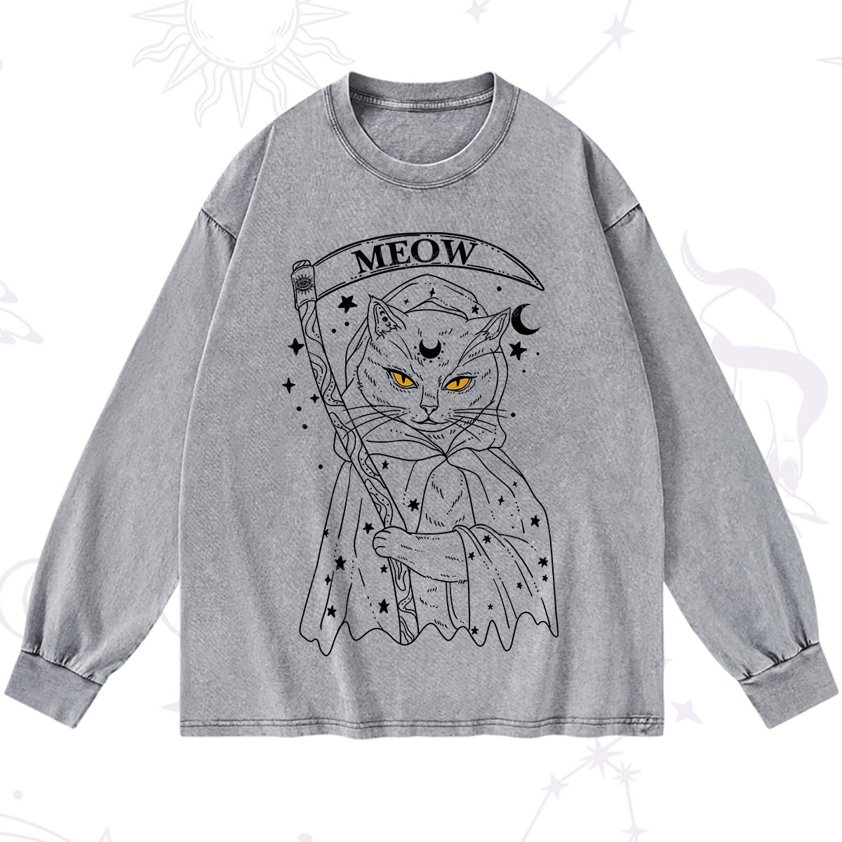 Purplehecate Grim Meow Reaper Washed Long Sleeve Shirt