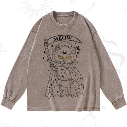 Purplehecate Grim Meow Reaper Washed Long Sleeve Shirt