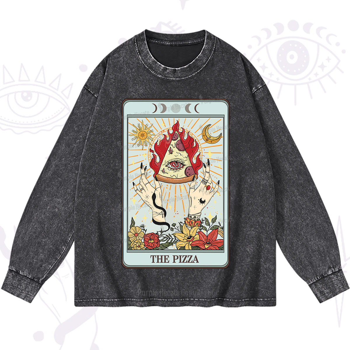Purplehecate The Pizze Food Tarot Card Washed Long Sleeve Shirt