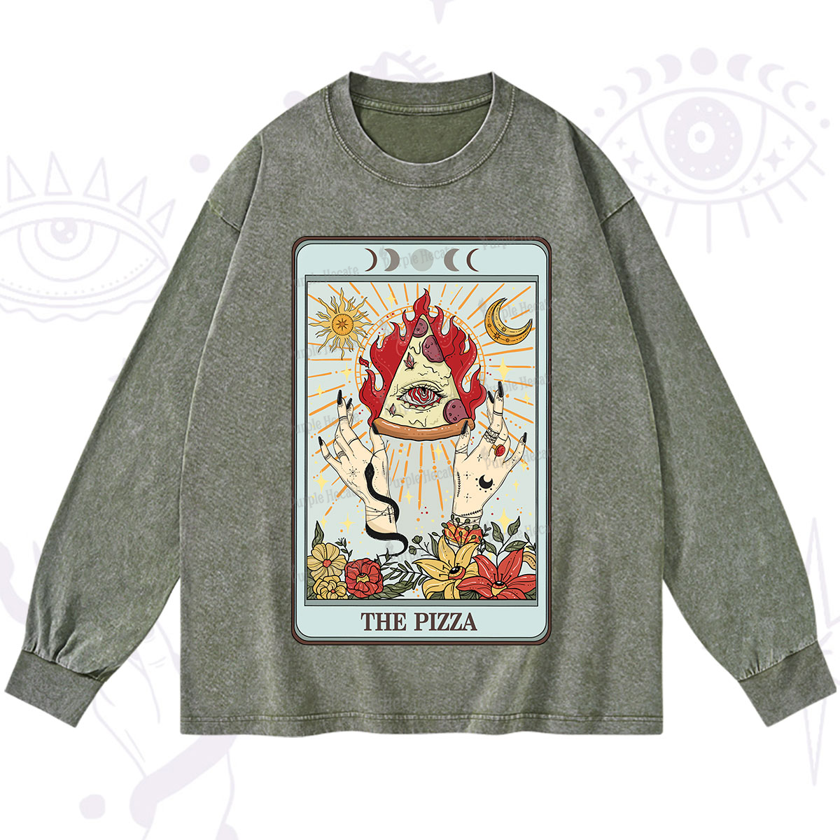 Purplehecate The Pizze Food Tarot Card Washed Long Sleeve Shirt
