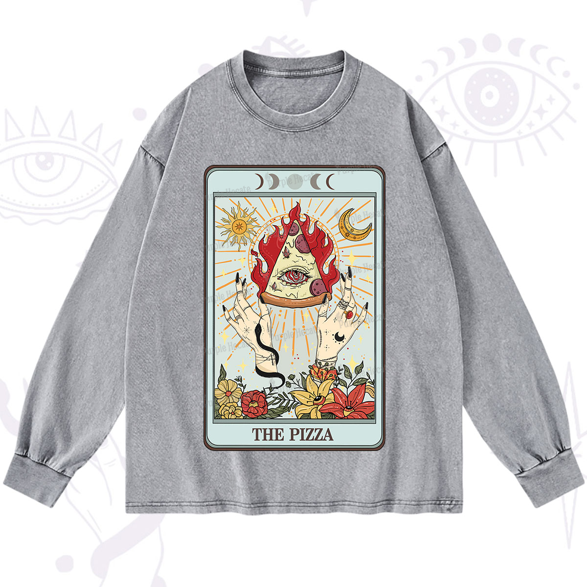 Purplehecate The Pizze Food Tarot Card Washed Long Sleeve Shirt