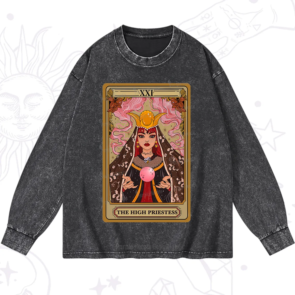 Purplehecate The High Priestess Prophecy Tarot Washed Long Sleeve Shirt