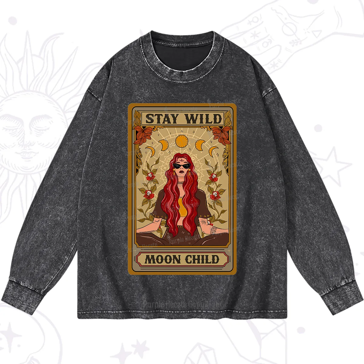 Purplehecate The Stay Wild Moon Child Oracle Card  Washed Long Sleeve Shirt
