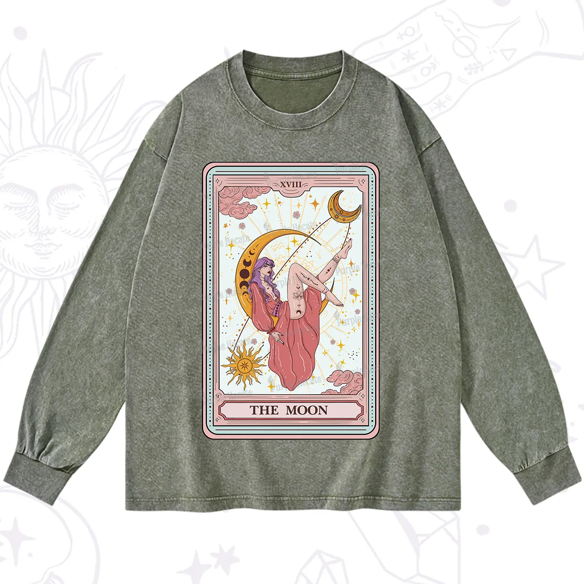 Purplehecate The Moon Tarot Washed Long Sleeve Shirt