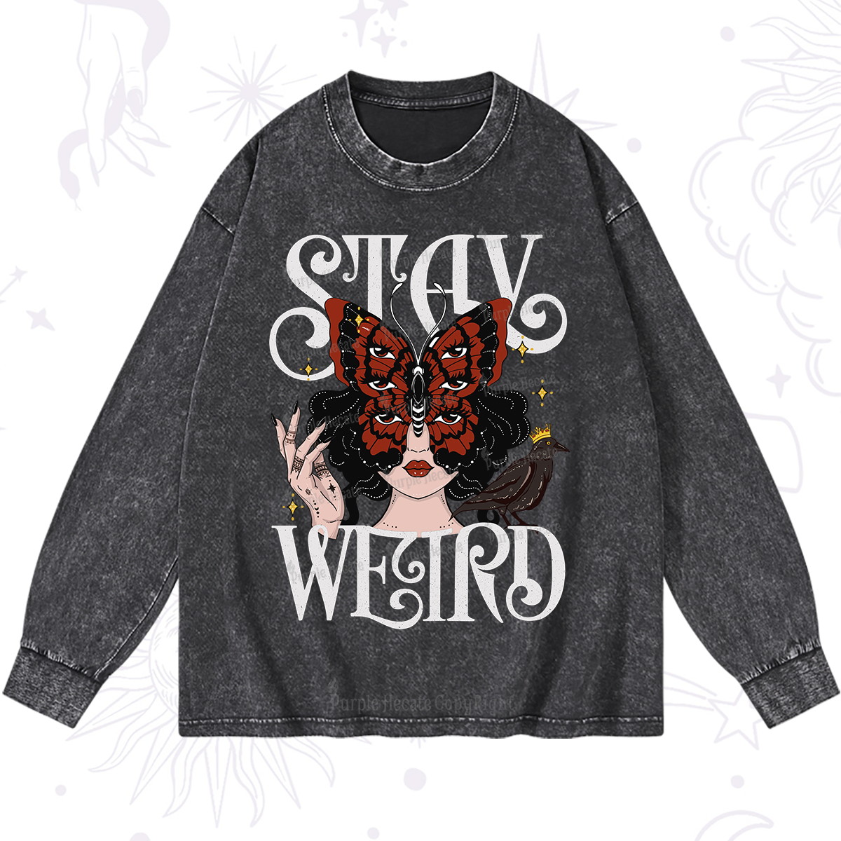Purplehecate Stay Weird Gothic Butterfly Oracle Washed Long Sleeve Shirt