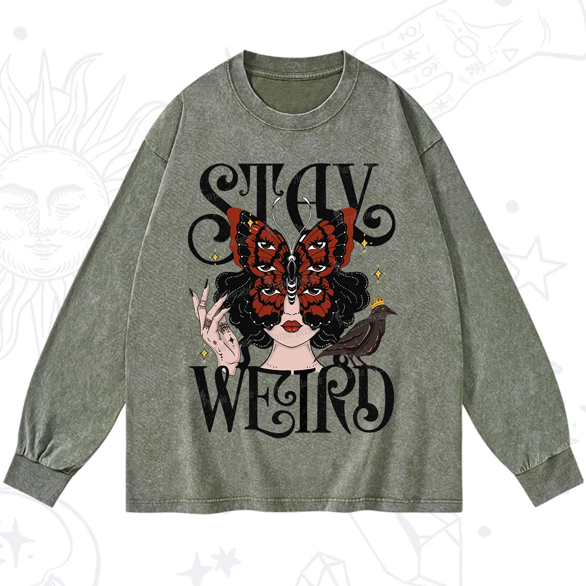 Purplehecate Stay Weird Gothic Butterfly Oracle Washed Long Sleeve Shirt