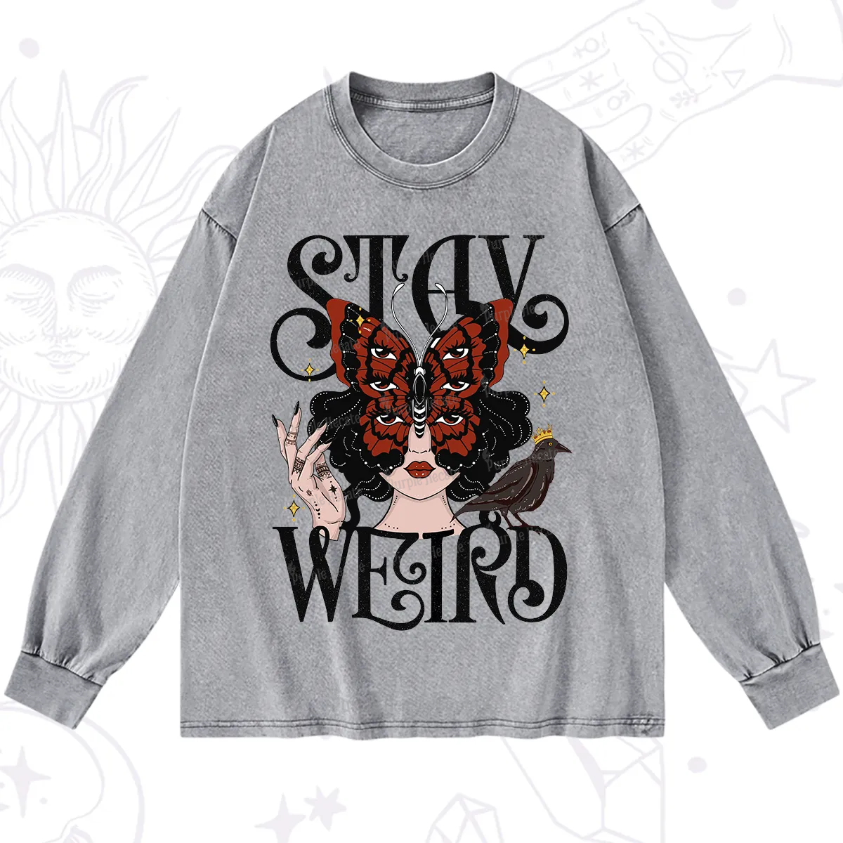 Purplehecate Stay Weird Gothic Butterfly Oracle Washed Long Sleeve Shirt