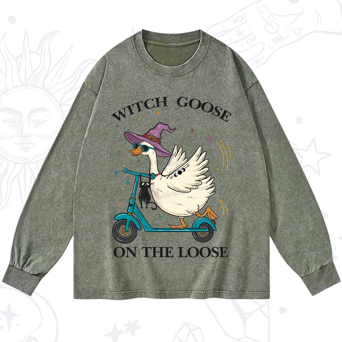 Purplehecate Witch Goose On The Loose Washed Long Sleeve Shirt