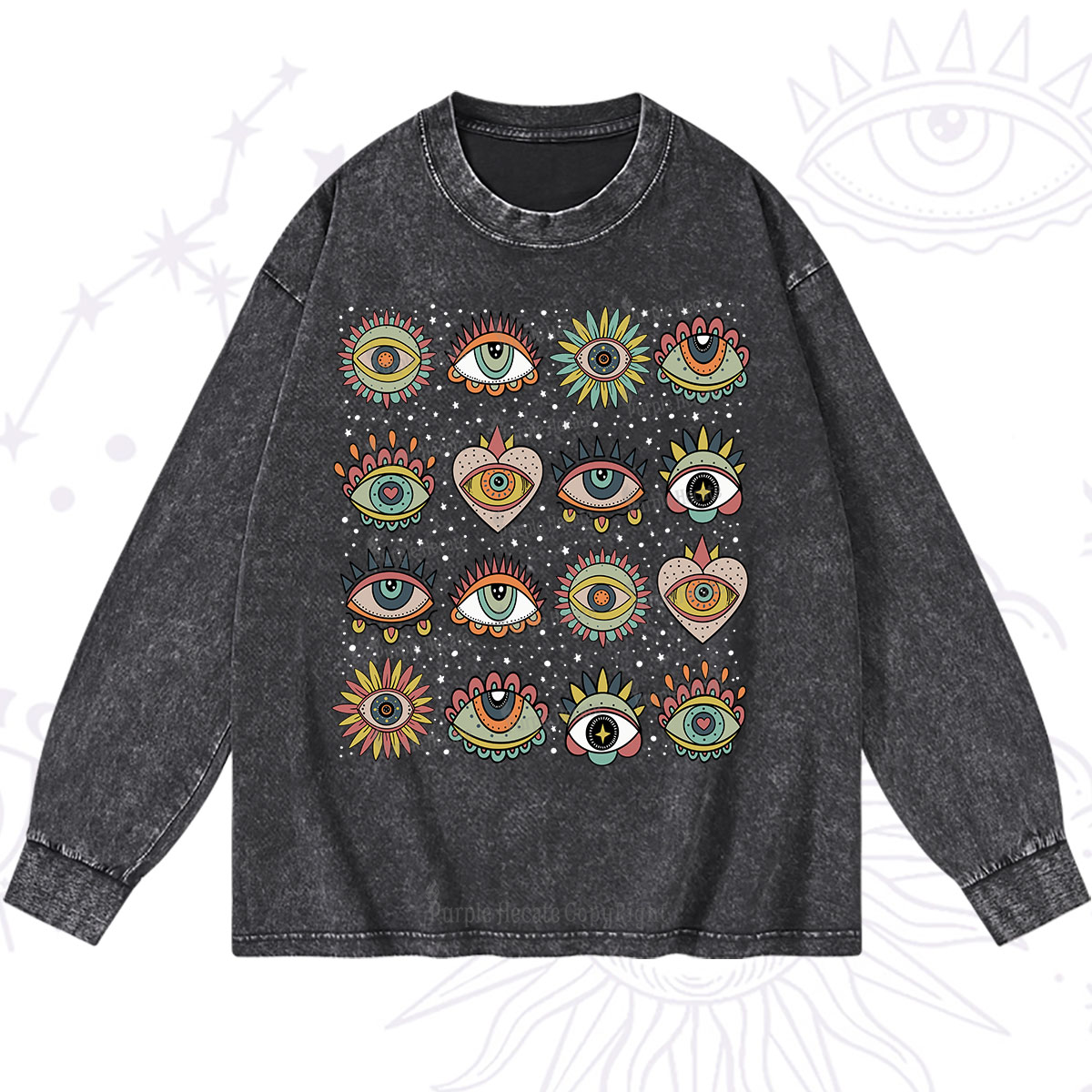Purplehecate Mystical Evil Eye Pattern Washed Long Sleeve Shirt