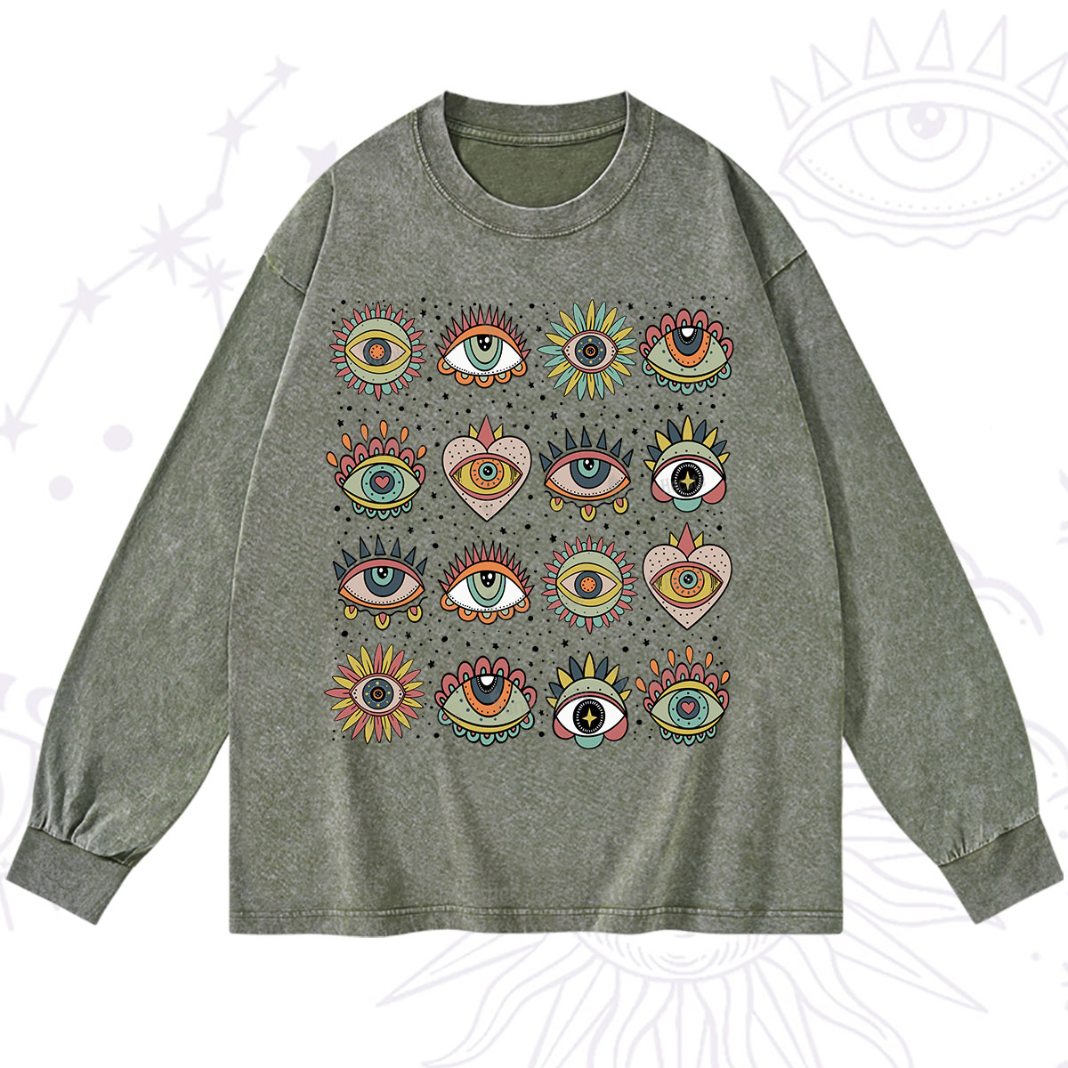 Purplehecate Mystical Evil Eye Pattern Washed Long Sleeve Shirt