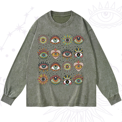 Purplehecate Mystical Evil Eye Pattern Washed Long Sleeve Shirt