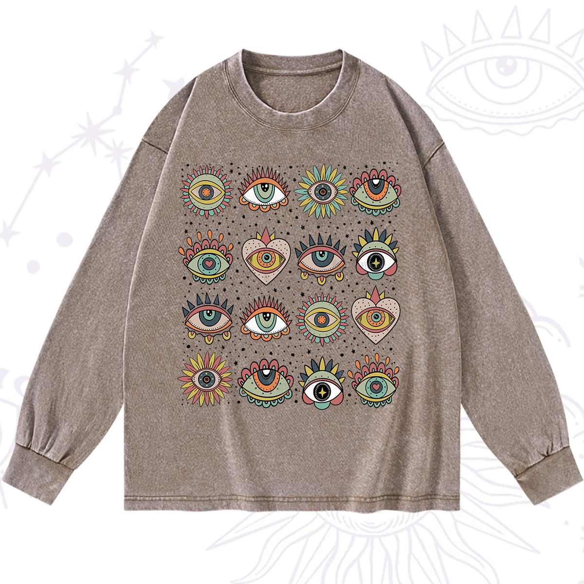 Purplehecate Mystical Evil Eye Pattern Washed Long Sleeve Shirt