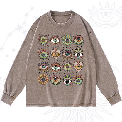 Purplehecate Mystical Evil Eye Pattern Washed Long Sleeve Shirt