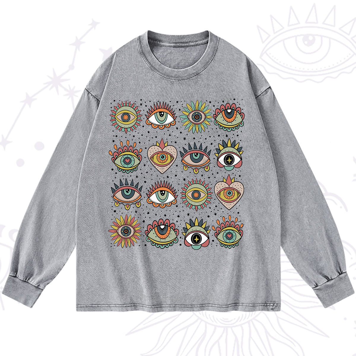Purplehecate Mystical Evil Eye Pattern Washed Long Sleeve Shirt