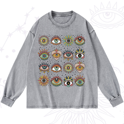 Purplehecate Mystical Evil Eye Pattern Washed Long Sleeve Shirt